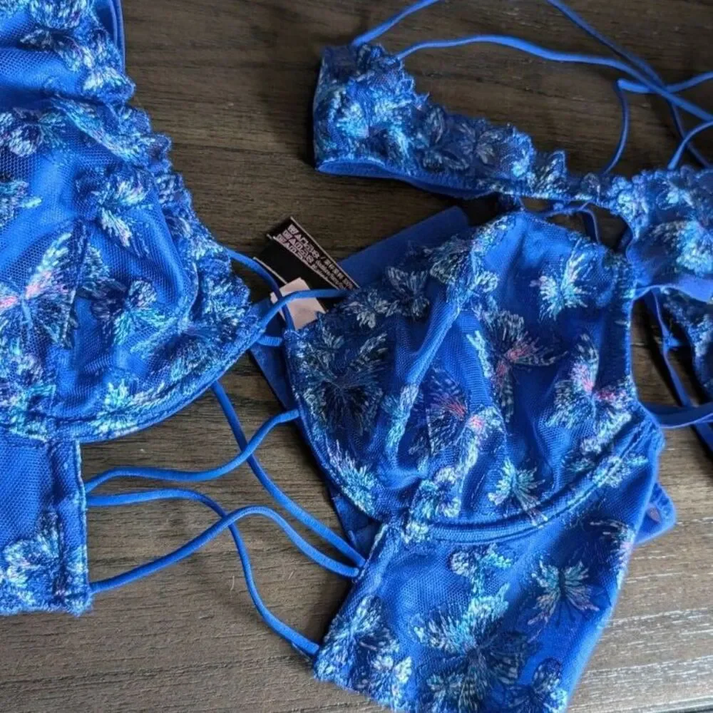 Victoria’s Secret MEDIUM blue butterfly longlined bra set matching panties